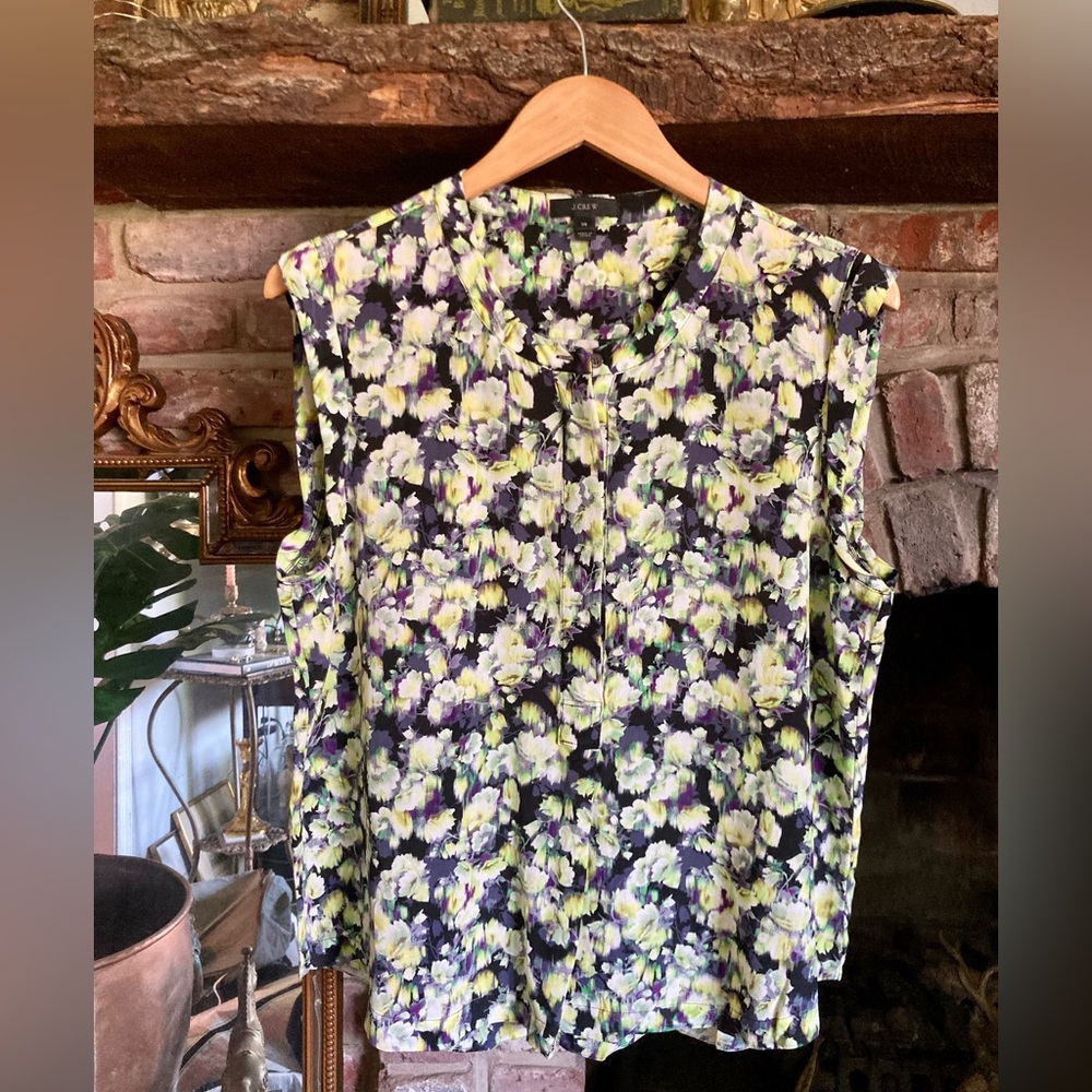 J. Crew SILK Floral Watercolor Cap-Sleeve Button Popover Violet Resort  Luxury